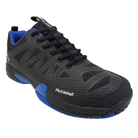 Top view of Acacia ProShot Black Unisex Pickleball Shoe with lace-up closure and mesh